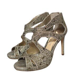 Gianni Bini Gold Flame042 Rhinestone Open Toe Stiletto Heels Sz 8